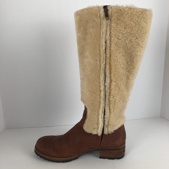UGG Australia Chrystie Leather Shearling Lined Tall Riding Boots Sz 8 Brown 5512 - Picture 11 of 16